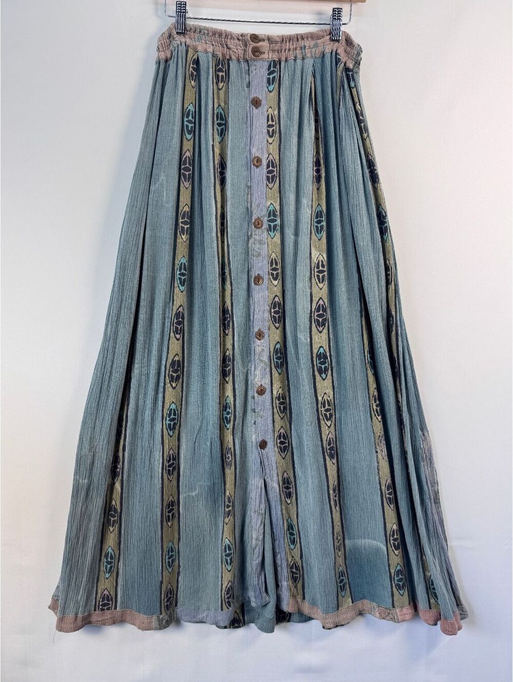 Vintage Kusnadi Crinkle Rayon Maxi Skirt Batik Art To Wear Boho Lagenlook Sz S
